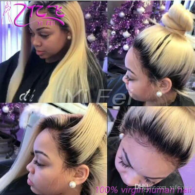 

YiFei 1B613 Blonde Color Dark Roots Brazilian Remy Human Hair Lace Front Wig Ombre Blonde 613 Color Human Hair Wigs