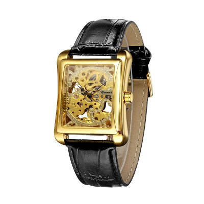 

WINNER Men Classic See-through Skeleton Hand-winding Mechanical Watch Leather Watchband Analog Rectangle Wristwatch