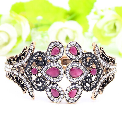 

Exquisite Ethnic Resin Flower Bangle Bracelet Turkish Crystal Jewelry Cuff Antique Gold Color Peacock Bracelets Tulip Bangle