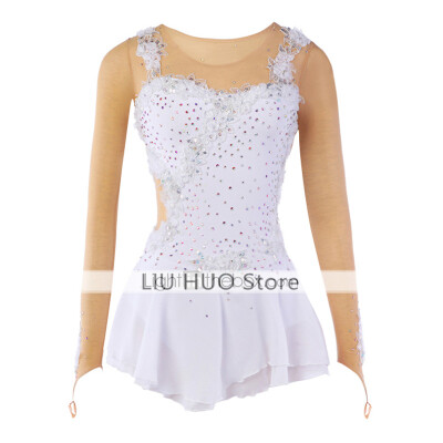 

Figure Skating Dress Womens Girls Ice Skating Dress White Spandex Lace Rhinestone Appliques Flower High Elasticity Performance P