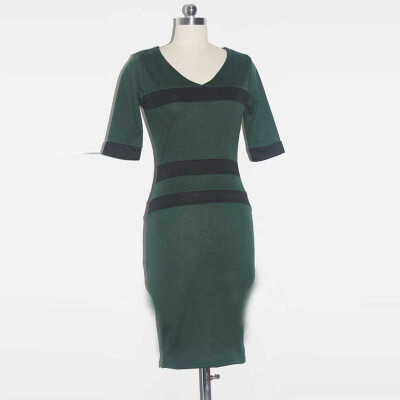 

2Colors 2015 Women Tops Fashion Sexy Bottoming Spell Color Thin Slim Knit V-neck Short Sleeve Lady Dress Green Dress