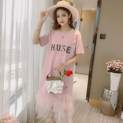 

Long Yue womens short-sleeved dress 2018 summer new long T-shirt skirt student beaded letter mesh stitching skirt LWQZ184209 pink L