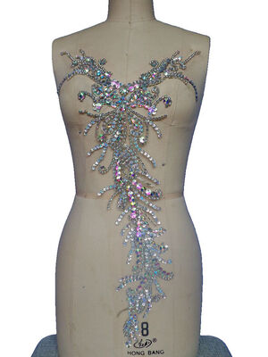 

Pure hand made clear AB colour sew on Rhinestones applique crystals patches 58x28cm dress accessory