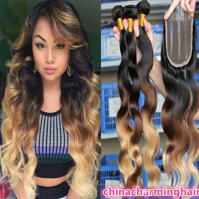 

3 Bundles Ombre Бразильская прямая линия для волос для волос с закрытием Weave 1b / 4/27 4x4 Free Part Remy Blonde Clace Closure