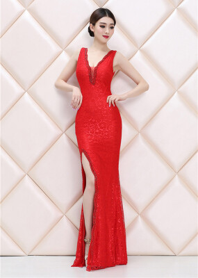 

Evening dress autumn split fork drill Slim fishtail long dress female banquet fashion host was thin