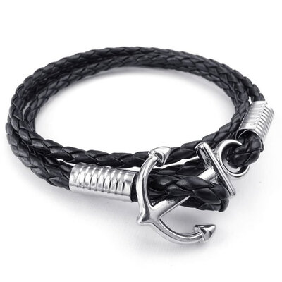 

Hpolw Mens Womens Leather Bracelet Braided Anchor Wrap Bangle Black Silver