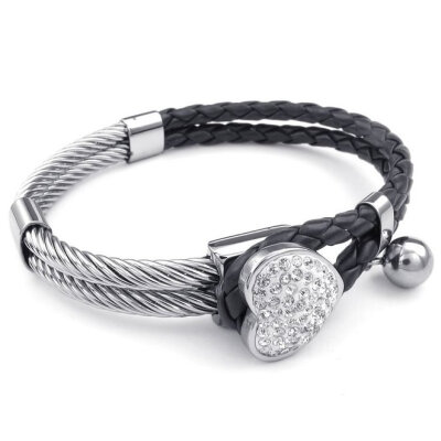 

Hpolw Womens Leather Stainless Steel Bracelet Heart Charm Braided Cuff Bangle Black Silver