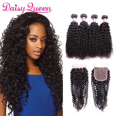 

8A Malaysian Virgin Hair With Closure Kinky Curly Hair 4 Bundles With Closure Three Part Malaysian Virgin Human Hair With Closure
