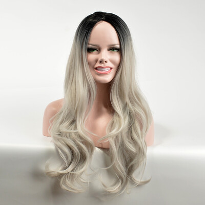 

QianBaiHui Ombre Gray Long Wave Wigs for White Women High Density Black Root Wig Heat Resistant Synthetic Hair Wigs Wig Cap