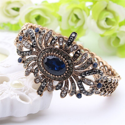 

Exquisite Turkish Women Antique Gold Color Bangle&Bracelet Resin Rhinestone Jewelry Bangles Hollow Flower Pulseirsa Feminino