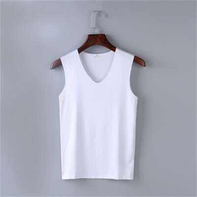 

2018 summer ice silk sleeveless leisure fitness wide shoulder vest male V-neck silk pure color mens vest