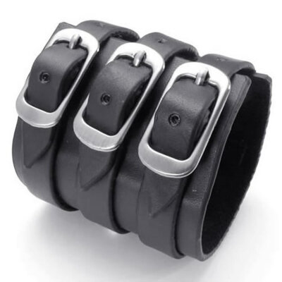 

Hpolw Black Genuine LeatherAlloy Mens Bangle Brand Fashion Punk Wide Cuff men Bracelet