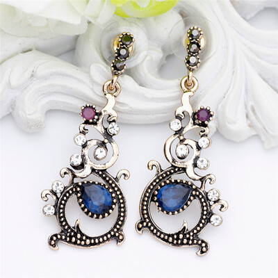 

New Design Flower Long Dangle Vintage Earrings Turkish Women Drop Earring 4color Antique Gold Resin Jewelry Indian Bridal Bijoux
