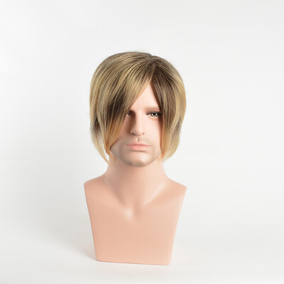 

QianBaiHui Manly Short Brown Mixed Blonde Fluffy Straight Full Bang Capless Heat Resistant Fiber Wig For Men