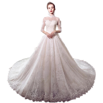 

High Neck 34 Long Sleeve A Line Vintage Wedding Gown