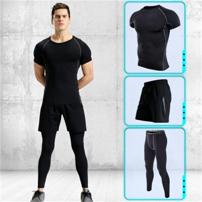 

Short-sleeved Quick-drying Summer T-shirt Sports Suit Mens Metal PRO Sports Three-piece Set Tight Workout Wear