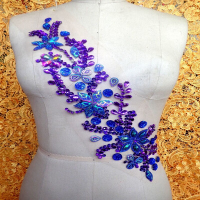 

Handmade 4211cm sew on Rhinestones applique purple crystal patches with stones sequins beads for dress