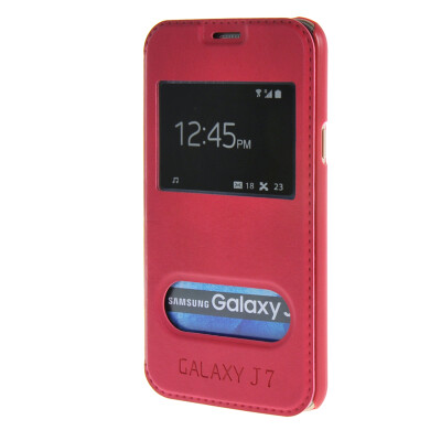 

MOONCASE Samsung Galaxy J7 Case View Leather Flip Pouch Bracket Back Cover Hot pink