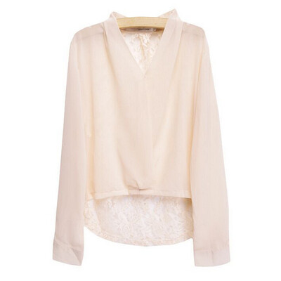

Women's cross V-neck long-sleeved shirt back lace hook flower chiffon shirt