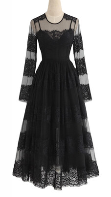 

Bigood Women Two Pieces Black Transparent Lace Long Dress Party Skirt