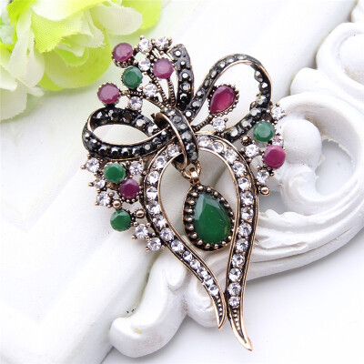 

Hollow Bouquet Bow Brooch Women Turkish Pendant Jewelry Antique Gold Color Multicolor Resin Brooches Broches Hijab Scarf Pins