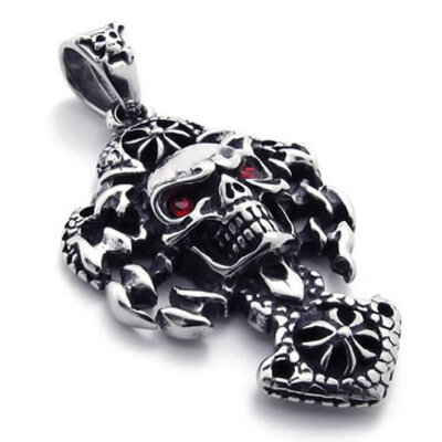 

Hpolw Black Cast Stainless Steel Gothic Skull/Skeleton Tribal Biker Mens rubies/Red Crystal Pendant Necklace,18-26 inch Chain