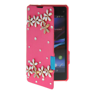 

MOONCASE Rhinestone Crystal Ultre Slim Leather Side Flip Wallet Back ЧЕХОЛ ДЛЯ Sony Xperia Z1 Compact (Mini) Hot pink