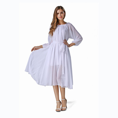 

Buenos Ninos Women's Long Sleeve Crew Neck Loose Chiffon Long Maxi Dress with Belt