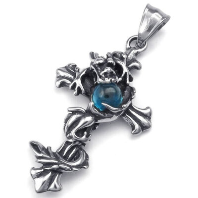 

Hpolw New Fashion Cool Mens Stainless Steel 316L Black&Silver Dragon Head&Skull Blue Crystal Cross Pendant