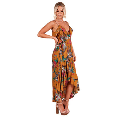 

Try Everything Women Summer Dress 2018 Strap Yellow Dress Floral Printed Ruffle Deep V Neck Sexy Dress Irregular Womens Dress