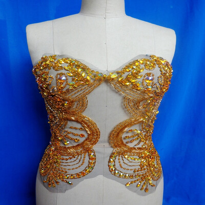 

hand made crystals trim patches golden sew on Rhinestones applique on mesh 3736cm for top dress skirt belt accessory