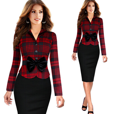 

Women Elegant Faux Twinset Lapel Tartan Houndstooth Detachable Bow Belted Peplum Patchwork Work Office Sheath Dress