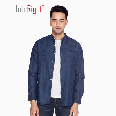 

INTERIGHT casual shirt male Oxford spinning stand collar denim long sleeve shirt dark blue XL