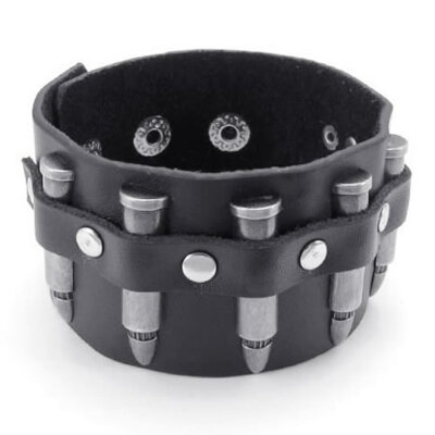 

Hpolw Wide Bullet Leather Mens Bangle Cuff Bracelet Punk Rock Fits 75" to 85" Black