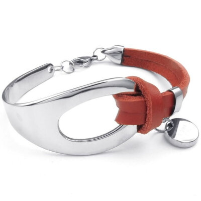 

Hpolw Womens Leather Stainless Steel Bracelet, Classic Bangle, Red Silver