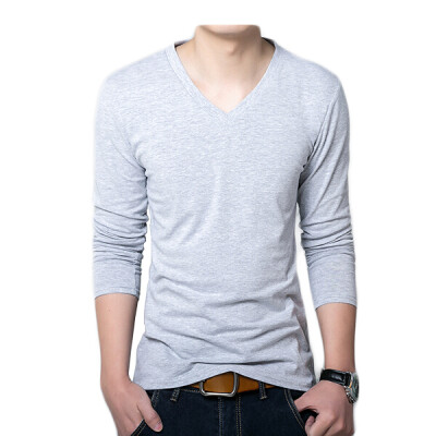 

Zogaa Spring New Korean Mens T-shirt Pure Color And Cotton V Collar Slim Long Sleeve