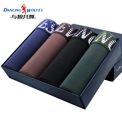 

Dancing with wolves mens underwear mens boxers waist blue fine viscose boxer sweat-absorbent breathable pants 4 pieces 3124 gift box L