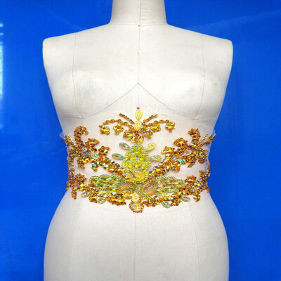 

Golden Hand made crystals trim patches sew on Rhinestones applique 4319cm for top dress skirt accessory
