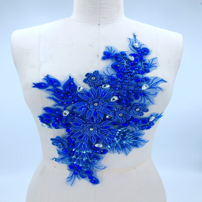 

Three-dimensional flower royalblue lace applique with sew on beads rhinestones trim patches 3823cm for dress accessory