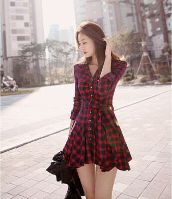 

Stylish Ladies Thin render skirt Slim long sleeve red plaid dress