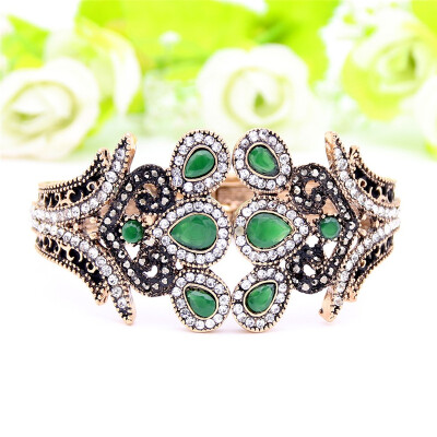 

Exquisite Ethnic Resin Flower Bangle Bracelet Turkish Crystal Jewelry Cuff Antique Gold Color Peacock Bracelets Tulip Bangle