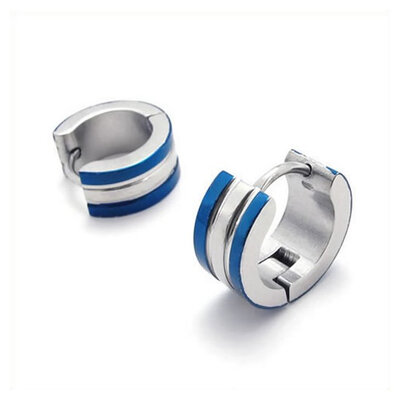 

Hpolw Stainless Steel Mens Huggie Hinged Hoop Stud Earrings Set 2pcs Color Blue Silver