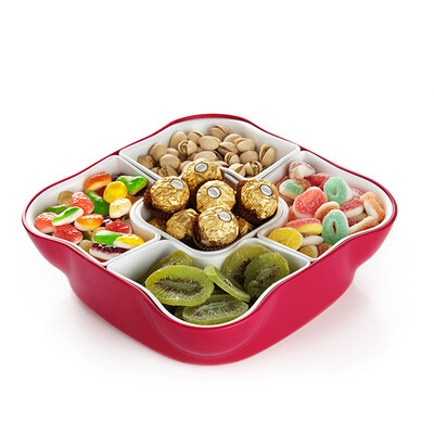 

【Jingdong Supermarket】 Yijia high EKOA fruit plate dried fruit plate fruit plate dried fruit box creative plastic candy dish living room double layer grid cover with large rose red