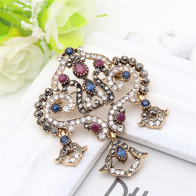 

Women Best Gift Antique Gold Color Colorful Crystal Brooch Turkish Drop Pendant Hollow Broches Brooches Ladies Lapel Hijab Pins