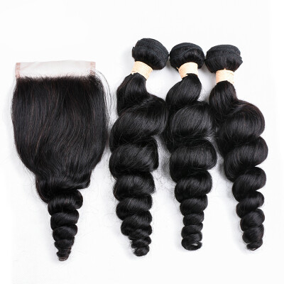 

PASSION HAIR Virgin Hair Bundles with Closure 8A Brazilian Human Hair Weave Loose Wave 3 Bundles with 4x4 Lace Closure