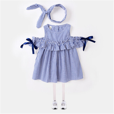 

Girls shoulder dresses 2017 summer wear new childrens wear Korean version childrens striped skirts Princess childrens ski
