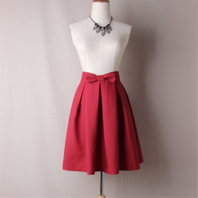 

BACHASH Elegant Women Skirt High Waist Pleated Knee Length Skirt Vintage A Line Big Bow Red Black Side Zipper Skater Skirts Red
