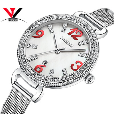 

NIBOSI Женские часы Мода Lady Watch Роскошный бренд кварцевые наручные часы Золотой водонепроницаемый хрусталь платье сетки ремешок Relogio Feminino