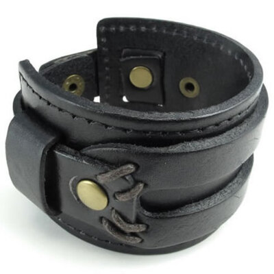 

Hpolw Wide Genuine Black Leather Mens Bangle Cuff Bracelet