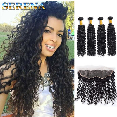 

7a Malaysian Curly Hair Lace Frontal Closure With 3 Bundles 134 Ear to Ear Lace Closure With Malaysian Virgin Hair Deep Wave